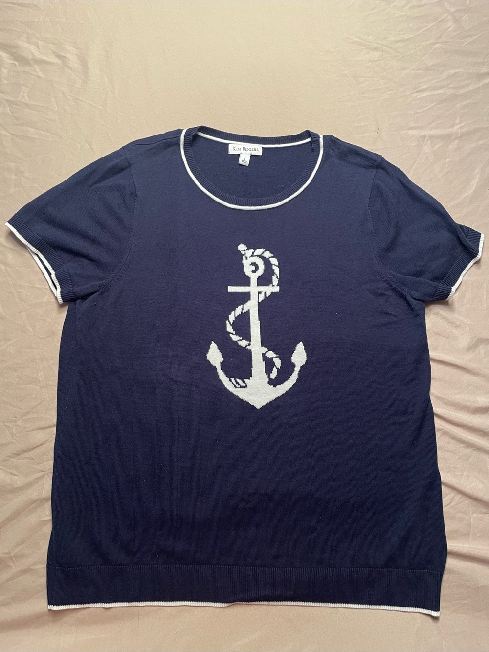 Kim Rogers Navy Short-Sleeve Knit Top with White Anchor Ocean Theme